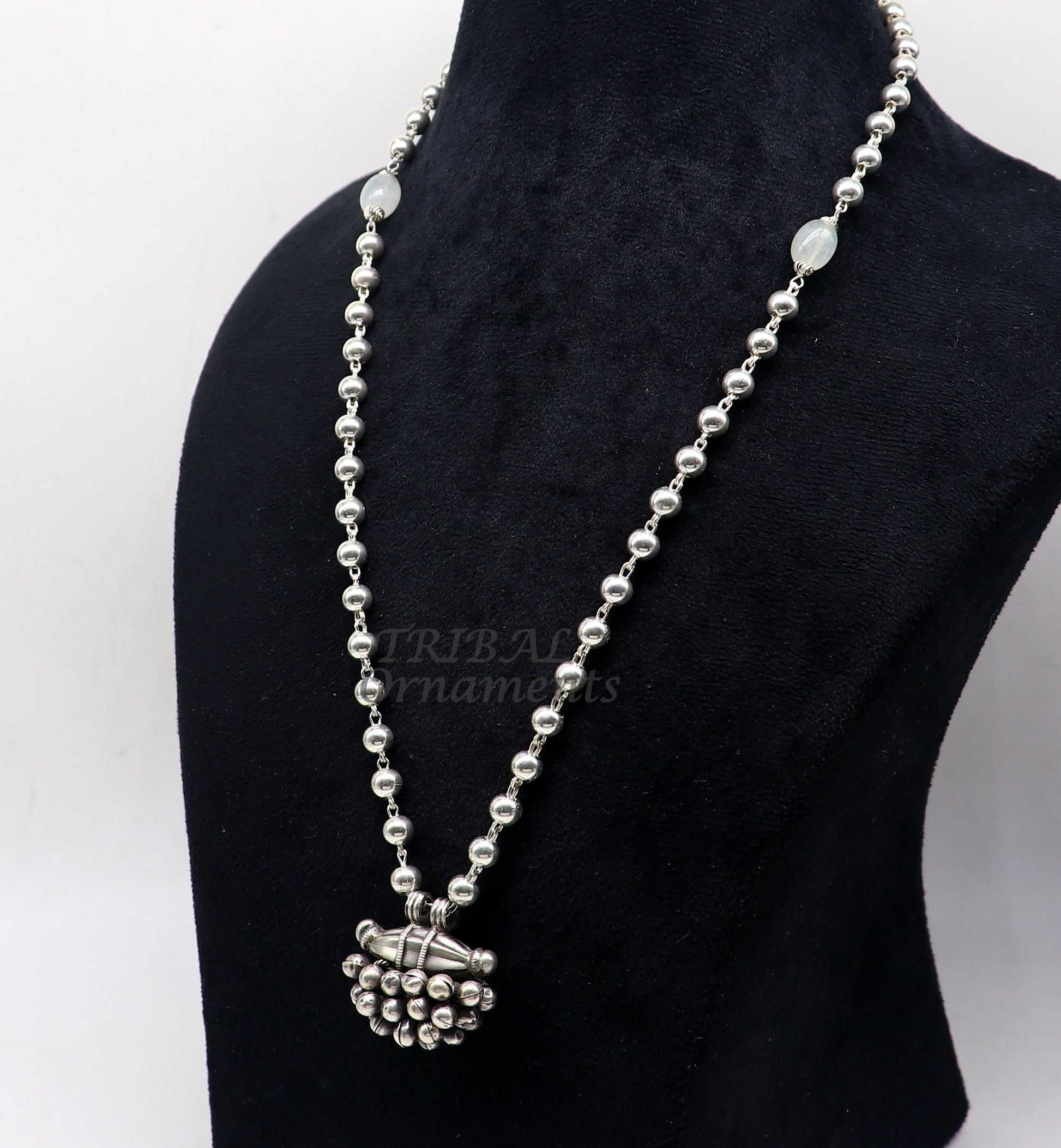 925 Sterling silver handmade vintage pendant with beaded necklace and hanging drops, tribal ethnic jewelry from Rajasthan.