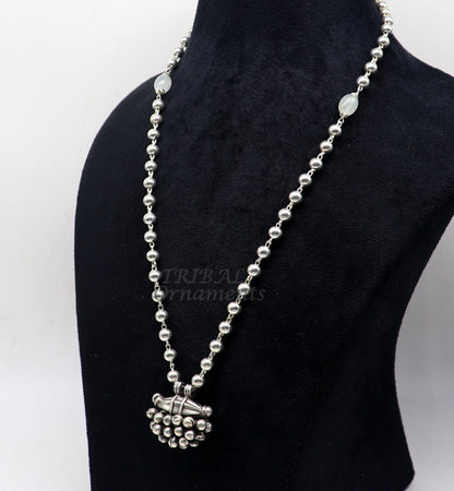 925 Sterling silver handmade vintage pendant with beaded necklace and hanging drops, tribal ethnic jewelry from Rajasthan.