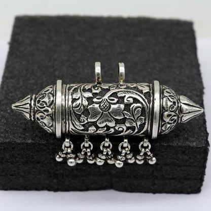 925 Sterling silver vintage tribal pendant amulet with hanging drops, intricate ethnic jewelry design by TRIBAL ORNAMENTS.