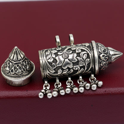 925 Sterling silver vintage tribal pendant necklace with intricate hangings and drops, handcrafted tribal ethnic jewelry.