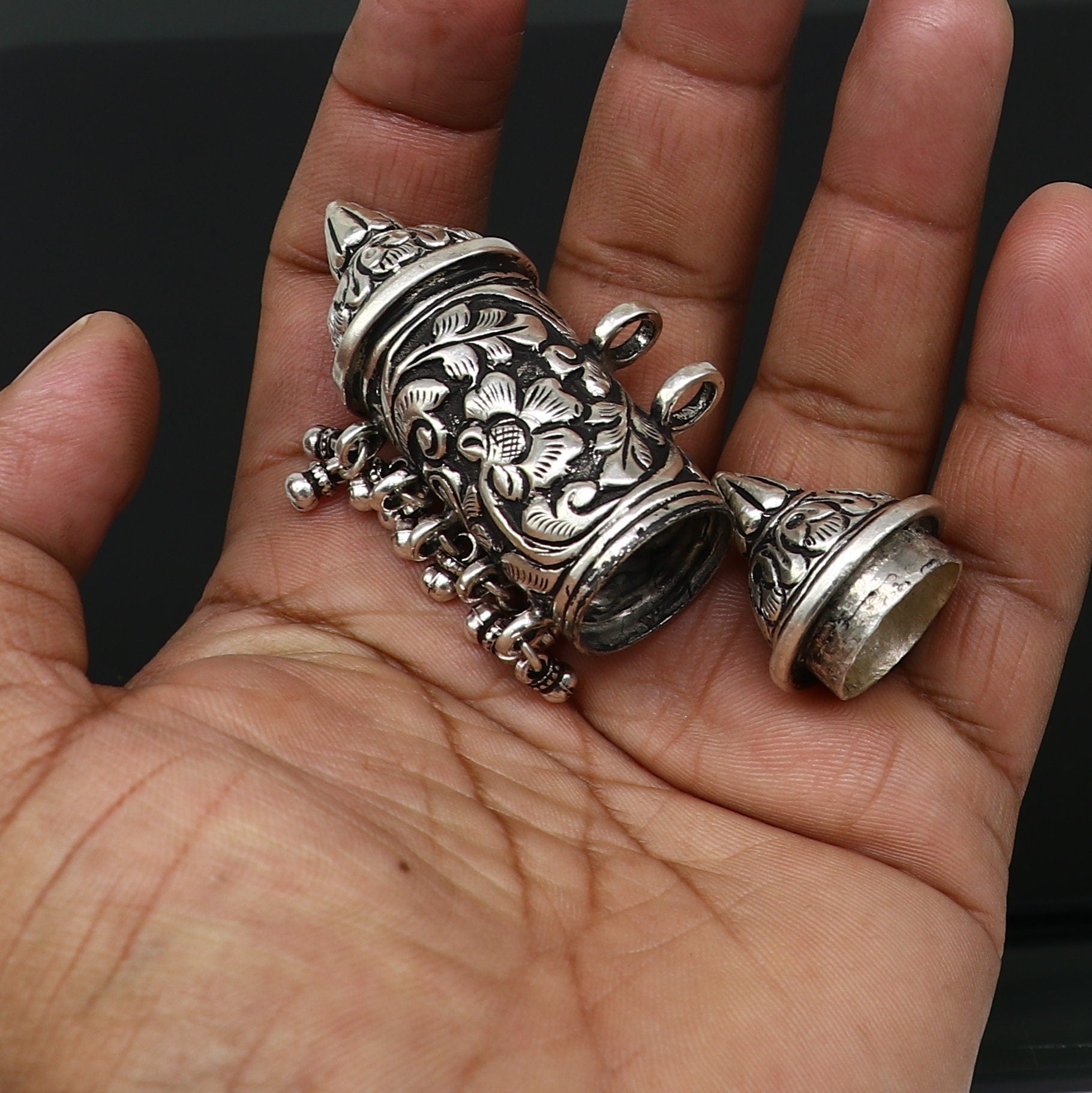 925 Sterling silver vintage tribal pendant with hanging drops, intricate ethnic design, handmade tribal jewelry by TRIBAL ORNAMENTS
