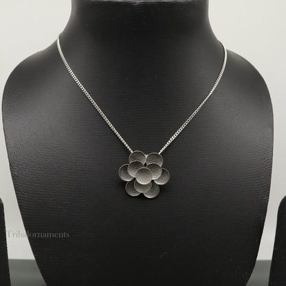 Sterling silver vintage tribal pendant with chain necklace, featuring intricate ethnic design for belly dance or traditional jewelry.
