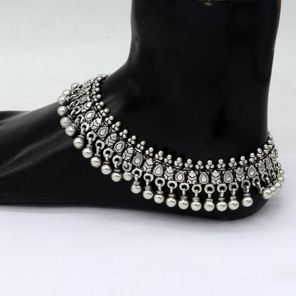 Sterling silver handmade tribal anklet with vintage design, hanging bells, stylish and charming foot bracelet by TRIBAL ORNAMENTS.
