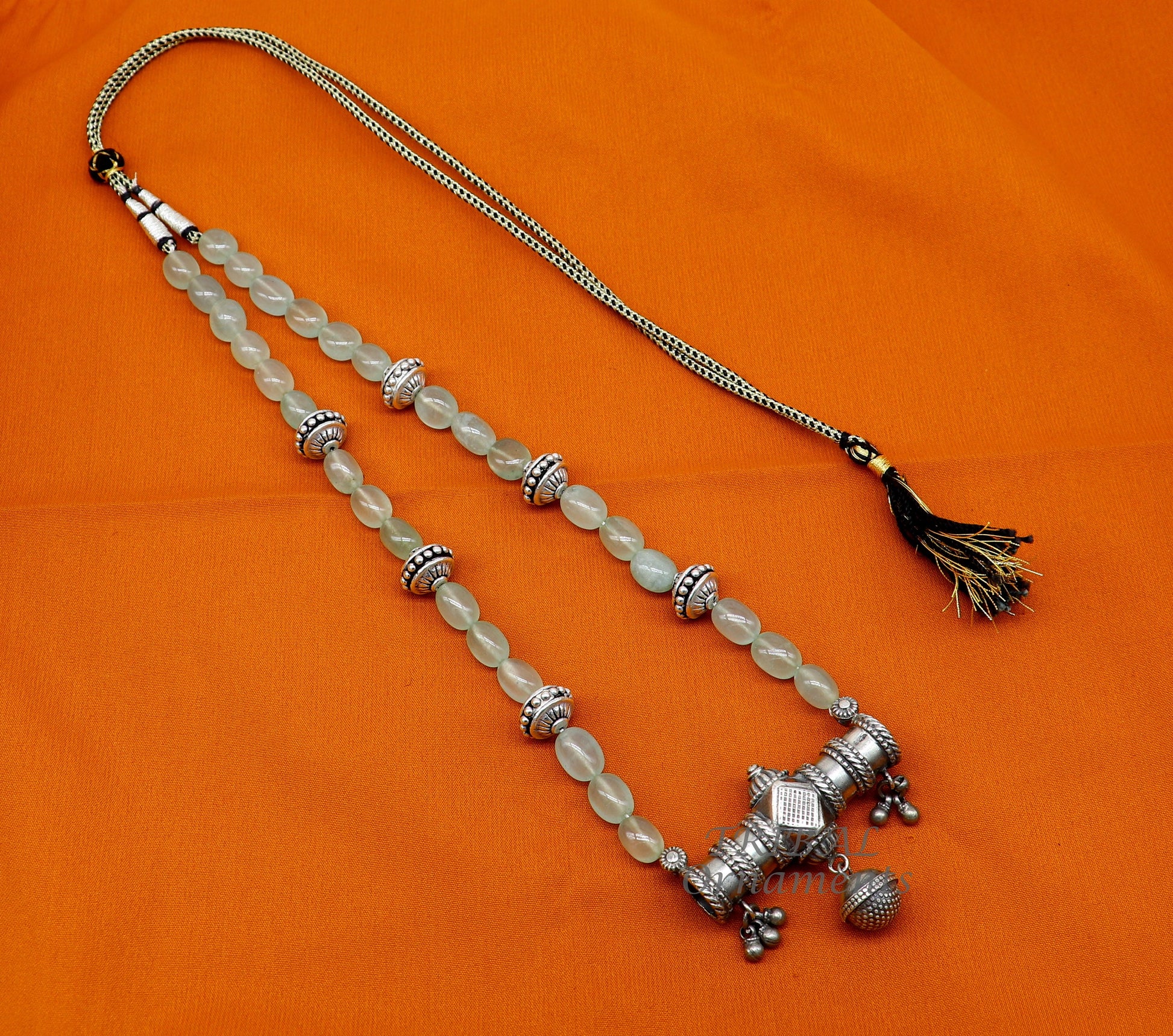 Sterling silver vintage designer necklace with bride charm, ethnic Guttapusalu style, handmade tribal jewelry by TRIBAL ORNAMENTS