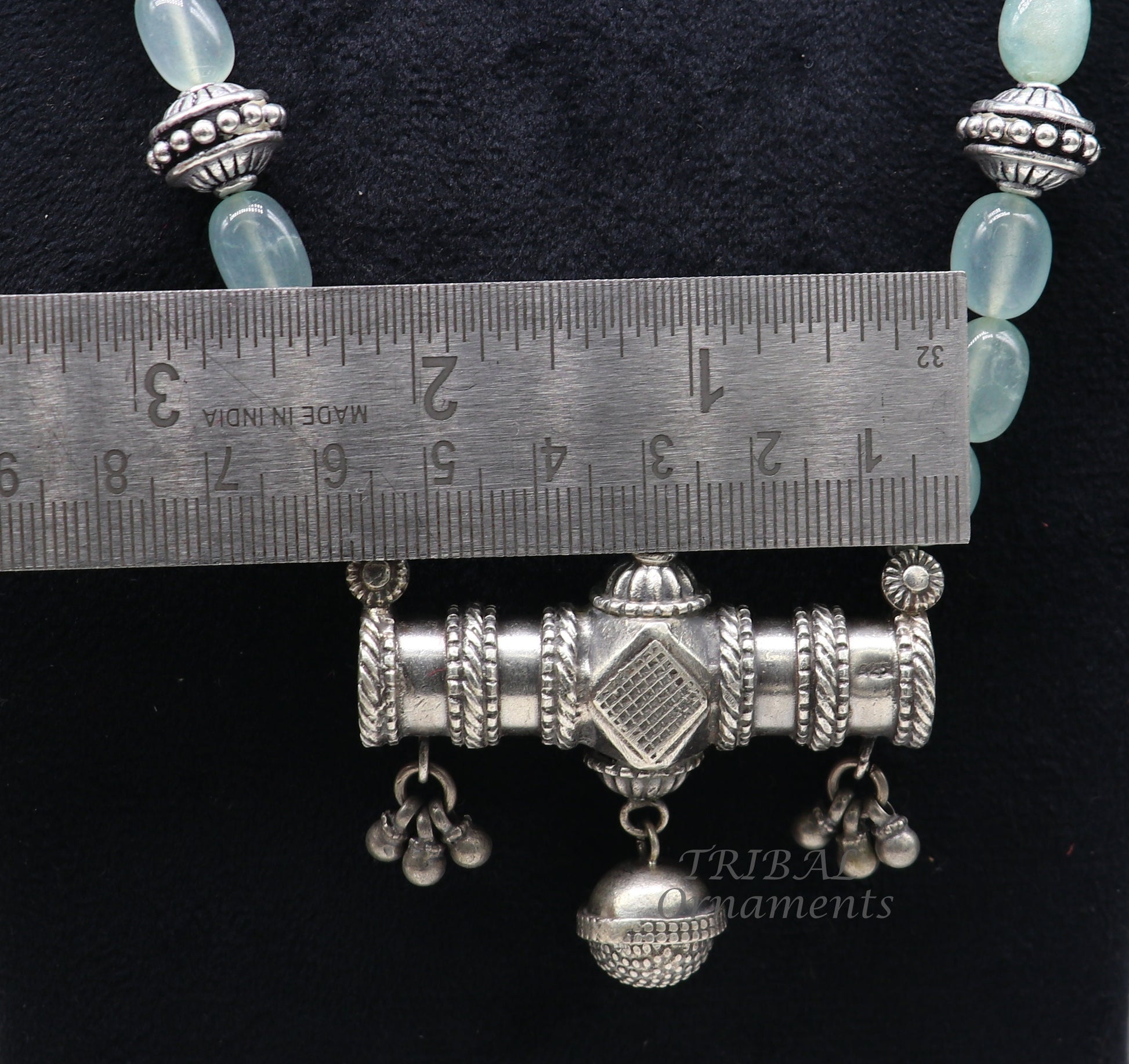 Sterling silver vintage designer necklace with tribal charms, handmade ethnic jewelry set for brides and special occasions.