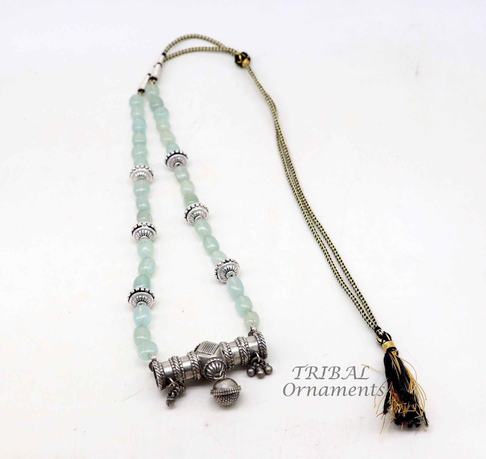 Sterling silver vintage designer necklace with tribal-style Guttapusalu charms, perfect for weddings and ethnic jewelry sets.