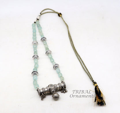 Sterling silver vintage designer necklace with tribal-style Guttapusalu charms, perfect for weddings and ethnic jewelry sets.