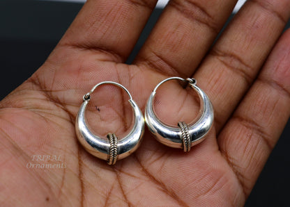 Sterling silver handmade vintage ethnic hoop earrings with tribal Bali design, perfect for tribal belly dance jewelry from India.