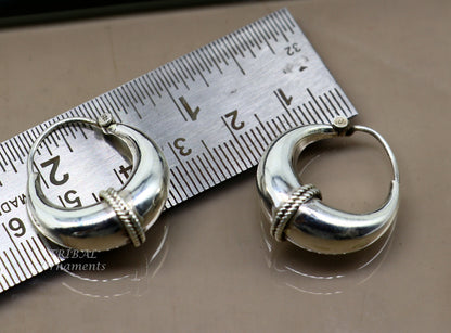 Sterling silver handmade vintage ethnic hoops earrings with tribal Bali design, perfect for tribal belly dance jewelry from India.