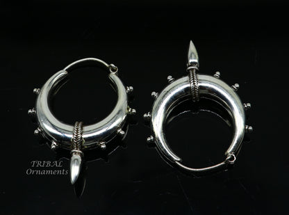 Sterling silver handmade vintage ethnic style hoop earrings with tribal Bali design, perfect for tribal and belly dance jewelry.