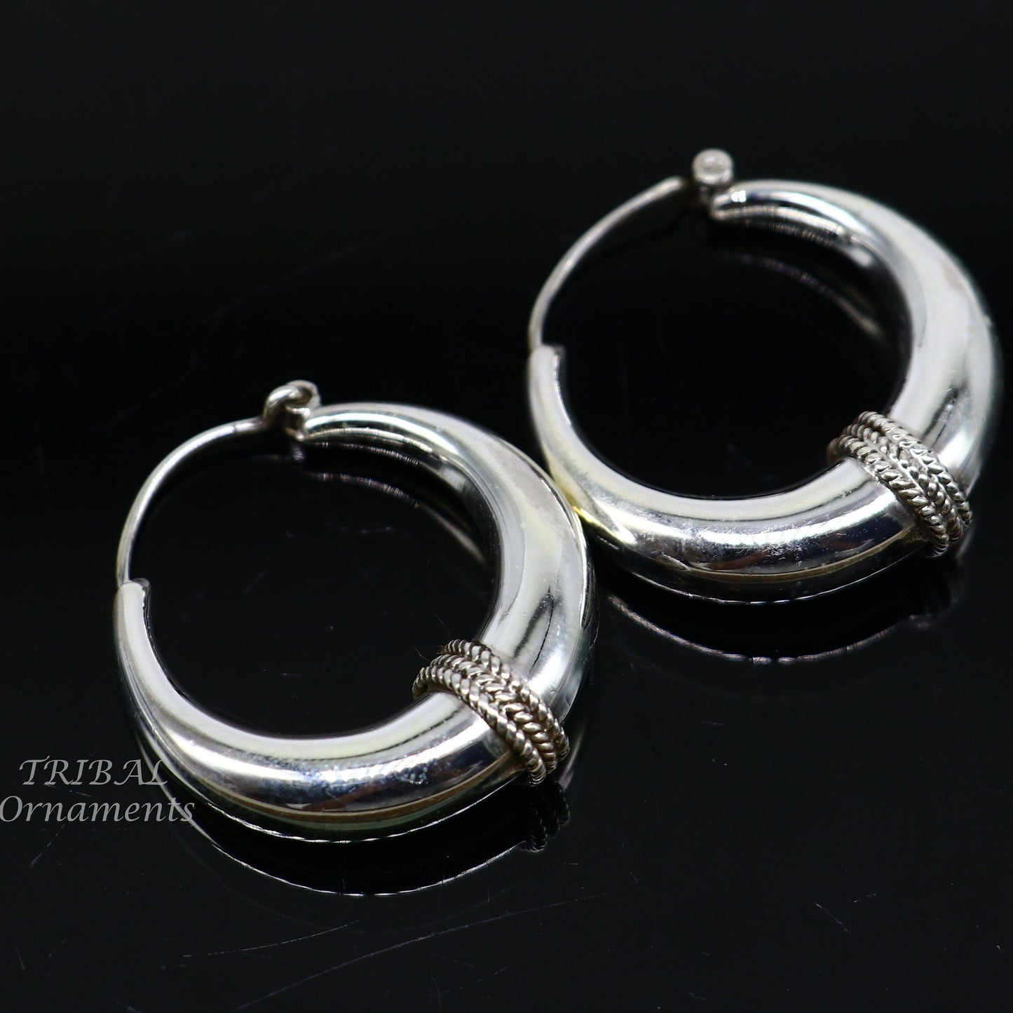 925 sterling silver handmade vintage ethnic style hoops earrings kundal,ethnic pretty bali tribal belly dance jewelry from india s1068 - TRIBAL ORNAMENTS
