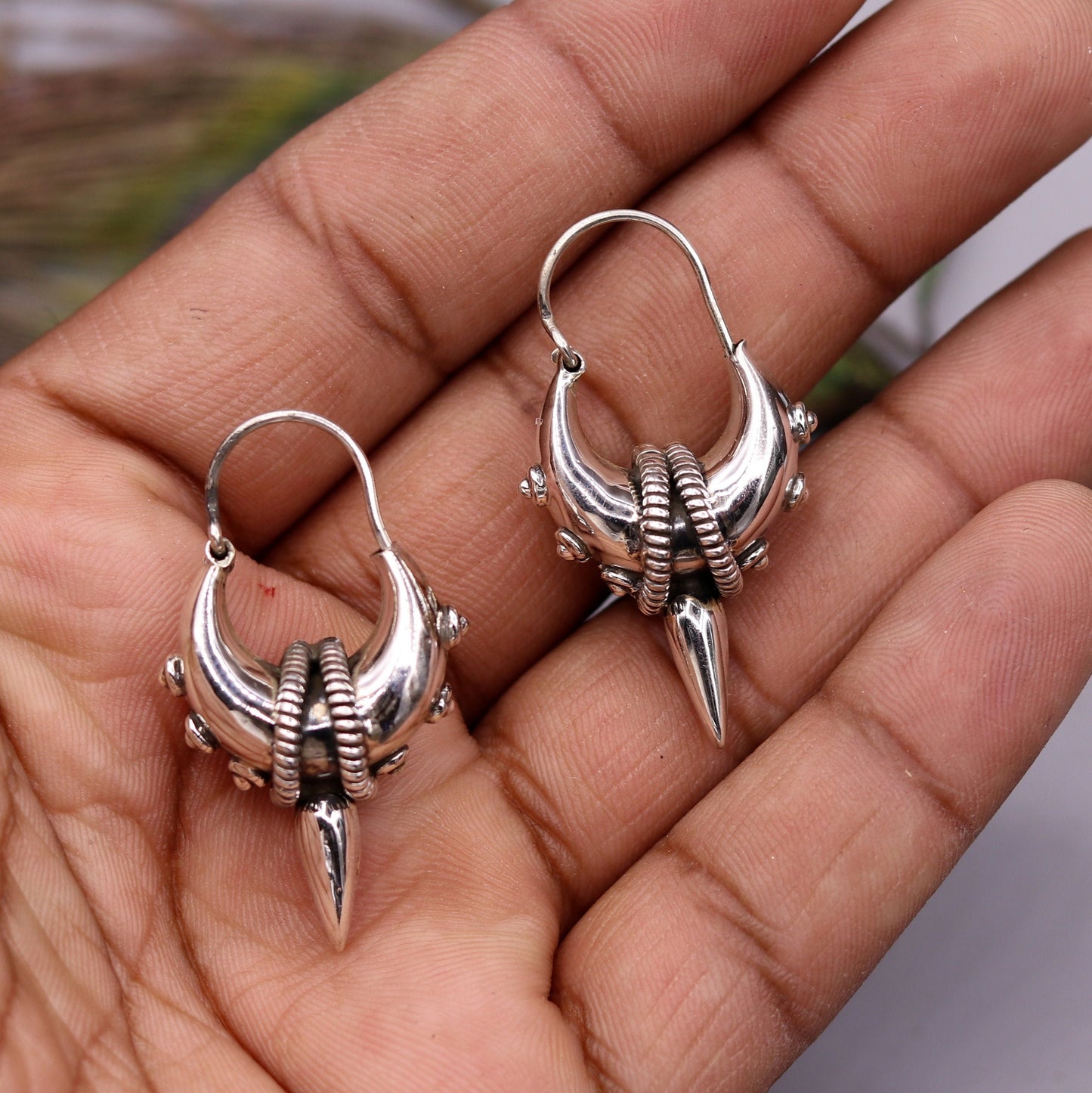 925 sterling silver handmade vintage ethnic style hoops earrings kundal,ethnic pretty bali tribal belly dance jewelry from india s590 - TRIBAL ORNAMENTS