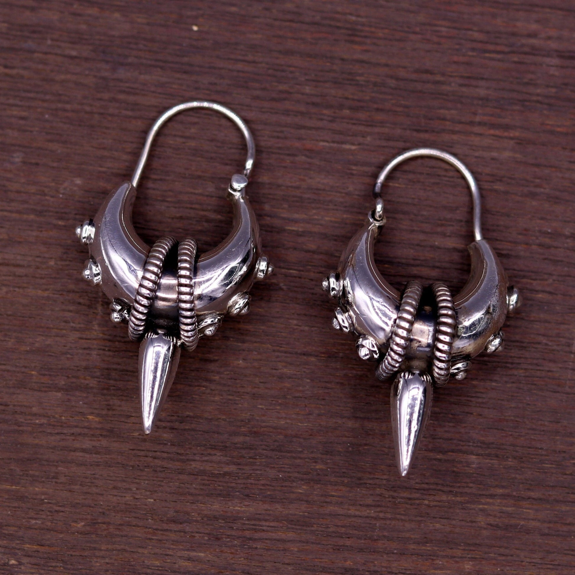 925 sterling silver handmade vintage ethnic style hoops earrings kundal,ethnic pretty bali tribal belly dance jewelry from india s590 - TRIBAL ORNAMENTS