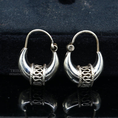 Sterling silver handmade vintage tribal hoops earrings with ethnic style, unisex Bali jewelry from India, featuring unique tribal design.
