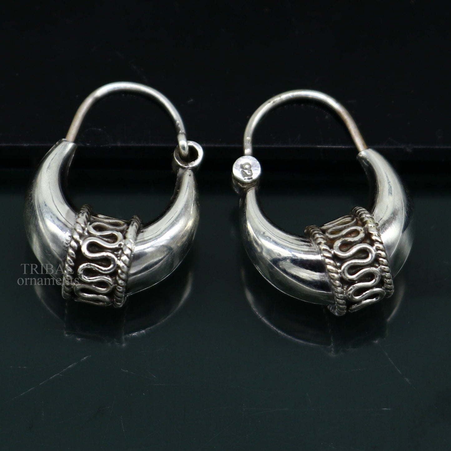 925 sterling silver Handmade vintage ethnic style hoops earrings Kundal unisex tribal stylish unique Bali jewelry from India ear1214 - TRIBAL ORNAMENTS
