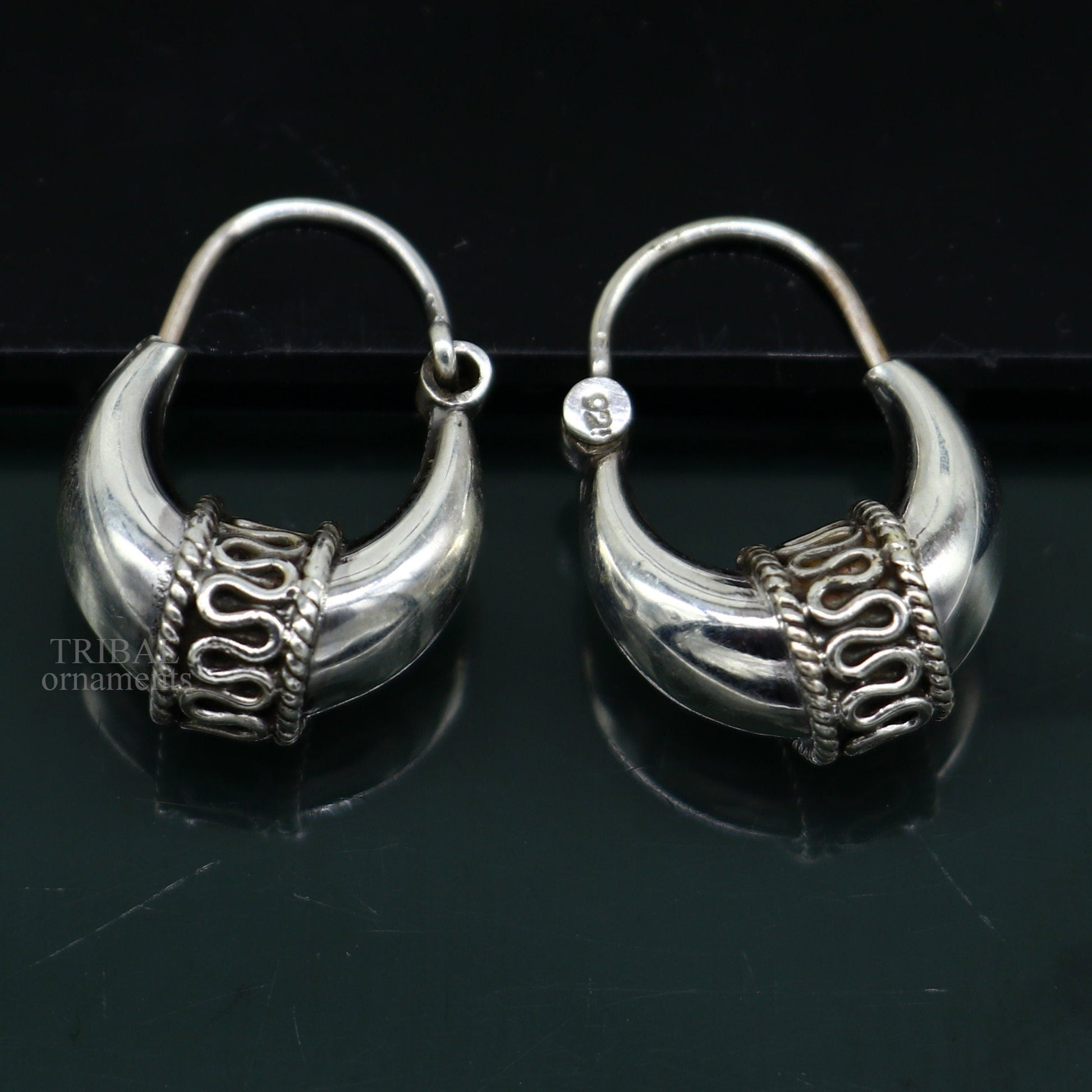 925 sterling silver Handmade vintage ethnic style hoops earrings Kundal unisex tribal stylish unique Bali jewelry from India ear1214 - TRIBAL ORNAMENTS