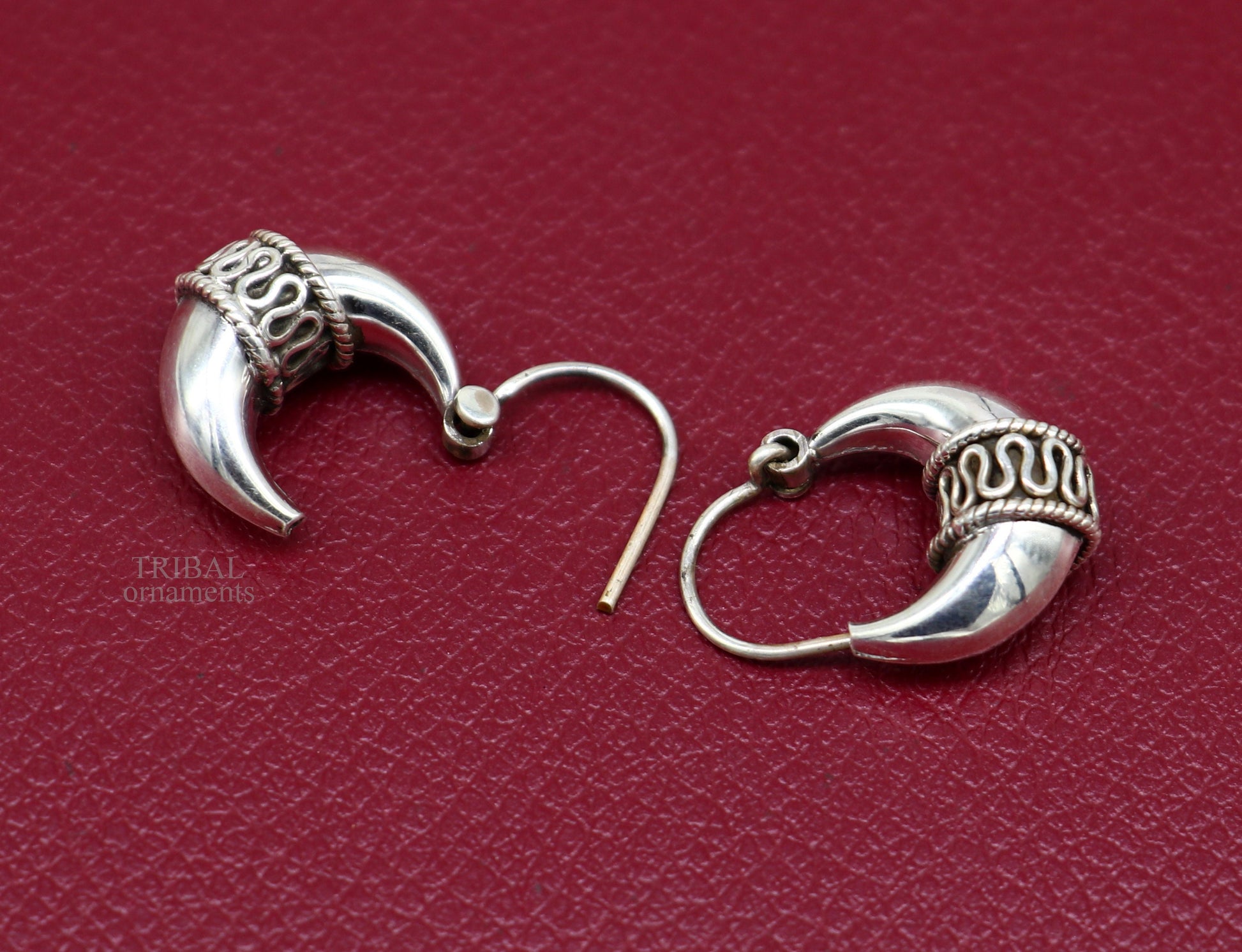 925 sterling silver Handmade vintage ethnic style hoops earrings Kundal unisex tribal stylish unique Bali jewelry from India ear1214 - TRIBAL ORNAMENTS