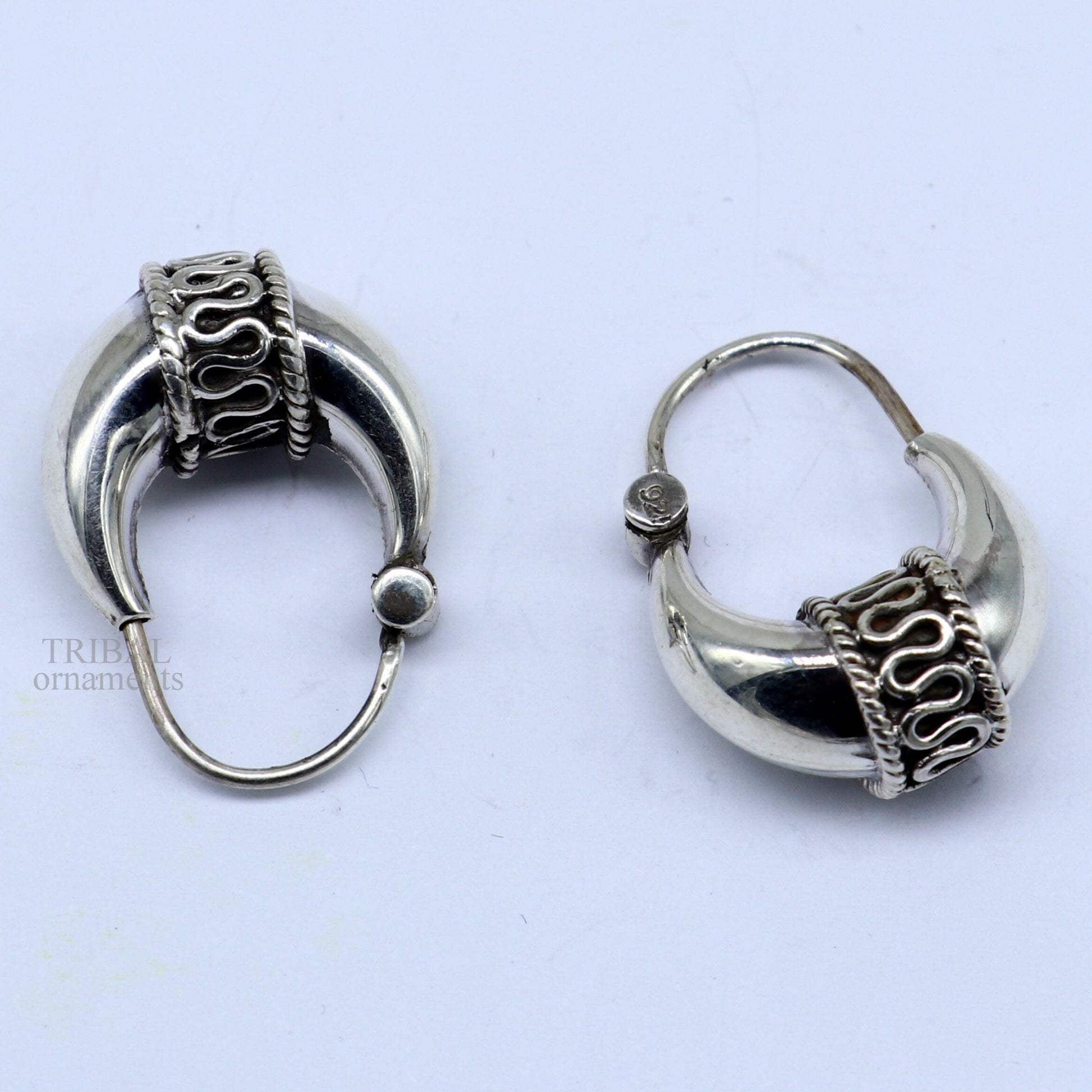 925 sterling silver Handmade vintage ethnic style hoops earrings Kundal unisex tribal stylish unique Bali jewelry from India ear1214 - TRIBAL ORNAMENTS
