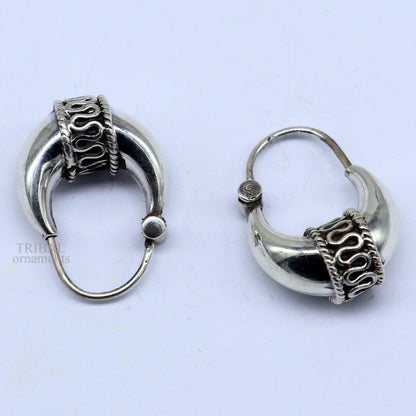 Sterling silver handmade vintage tribal hoops earrings with ethnic style, unisex Bali jewelry, featuring unique ethnic design from India.