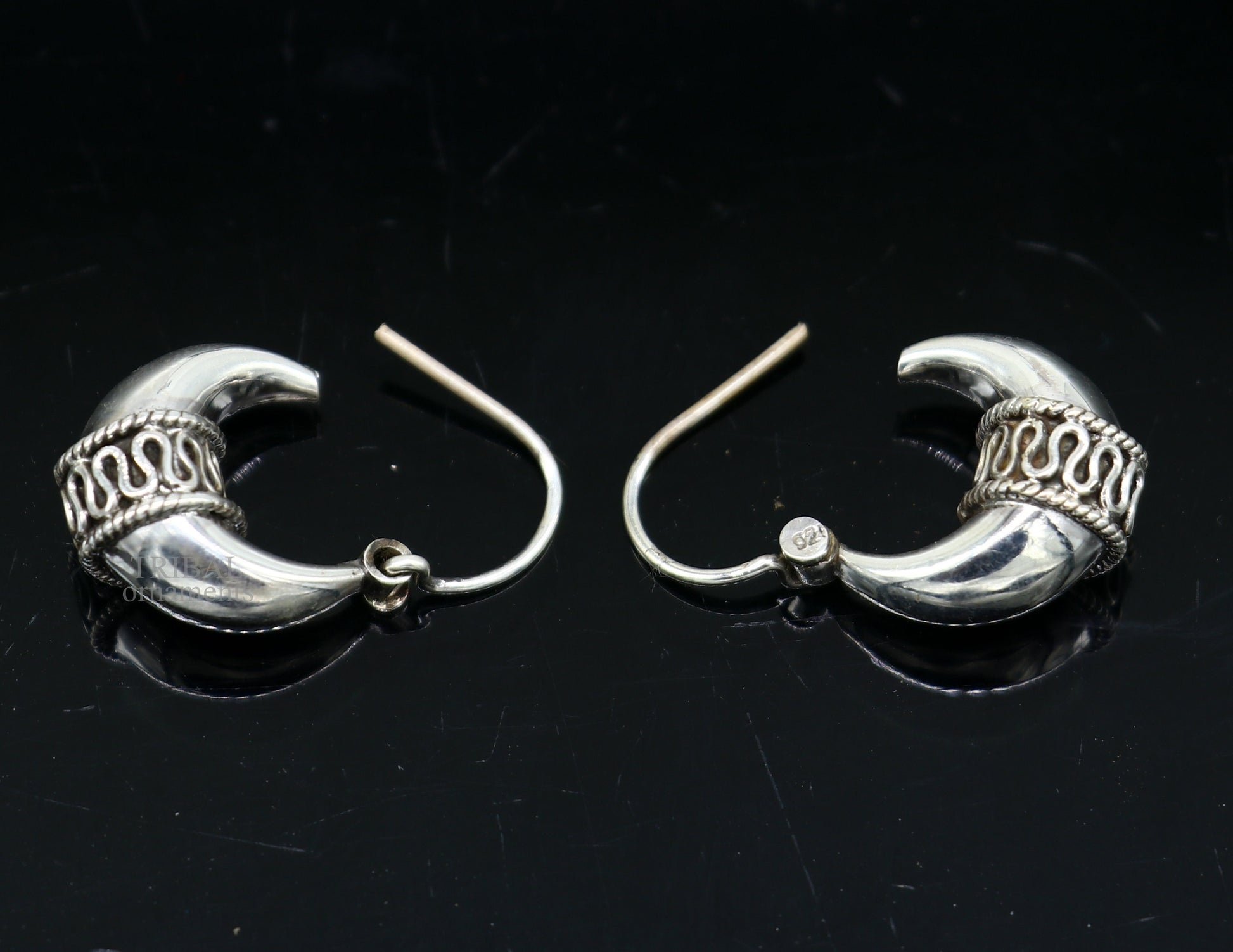 925 sterling silver Handmade vintage ethnic style hoops earrings Kundal unisex tribal stylish unique Bali jewelry from India ear1214 - TRIBAL ORNAMENTS