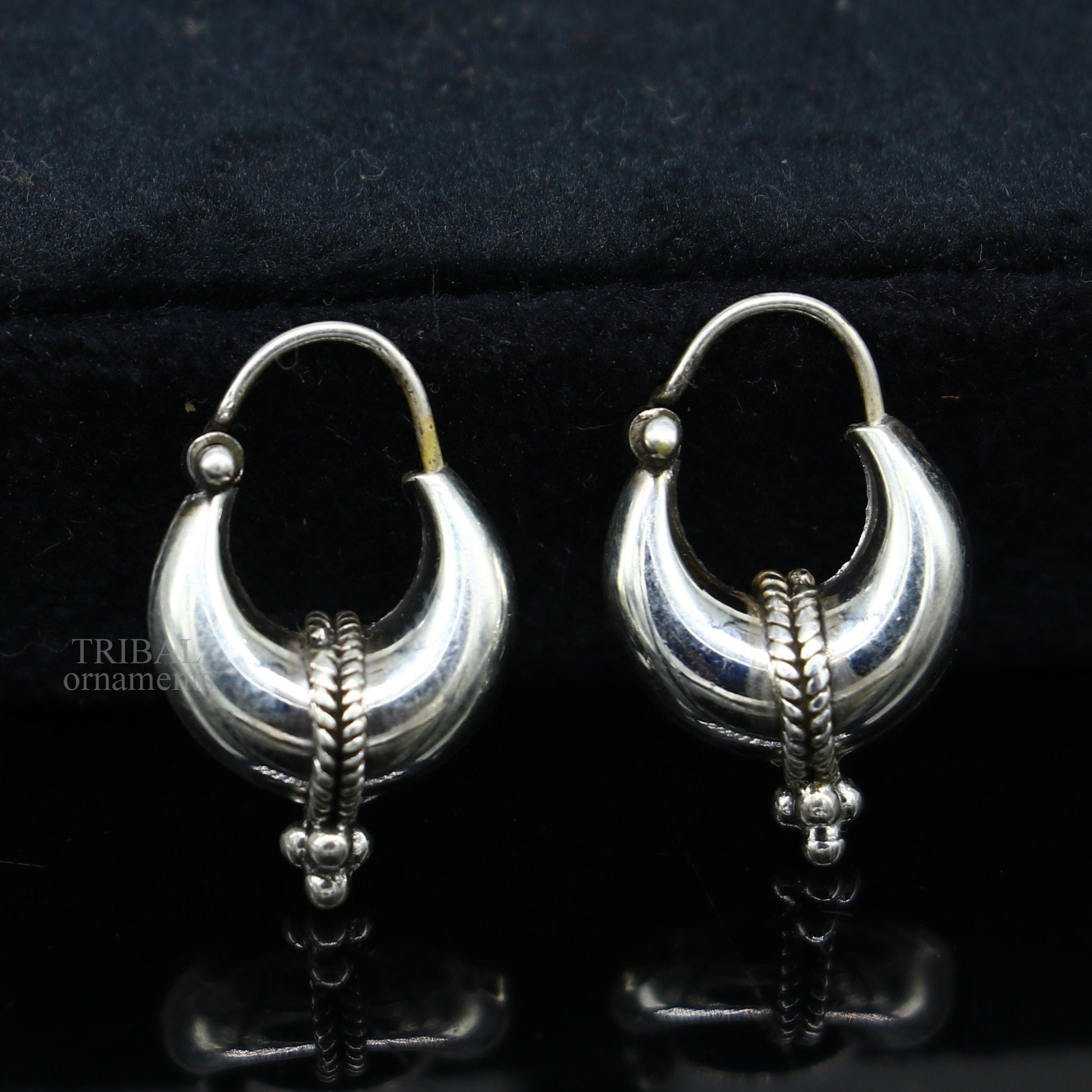 925 sterling silver Handmade vintage ethnic style hoops earrings Kundal unisex tribal stylish unique Bali jewelry from India ear1223 - TRIBAL ORNAMENTS
