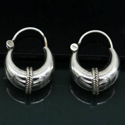 925 sterling silver Handmade vintage ethnic style hoops earrings Kundal unisex tribal stylish unique Bali jewelry from India ear1226 - TRIBAL ORNAMENTS