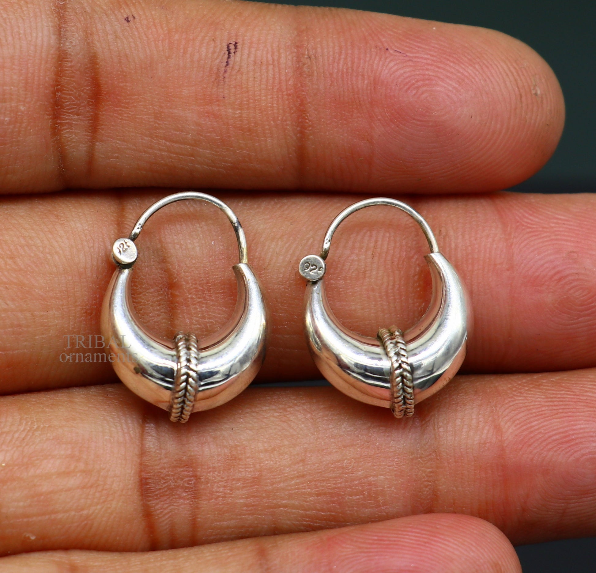 925 sterling silver Handmade vintage ethnic style hoops earrings Kundal unisex tribal stylish unique Bali jewelry from India ear1226 - TRIBAL ORNAMENTS