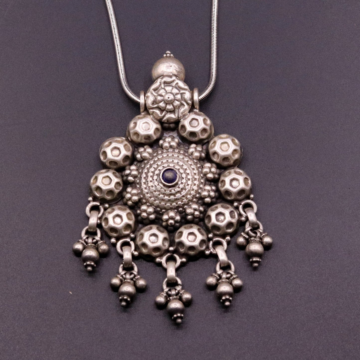 925 sterling silver handmade vintage football design pendant, charm pendant,ethnic tribal belly dance necklace, hanging bells jewelry nsp344 - TRIBAL ORNAMENTS