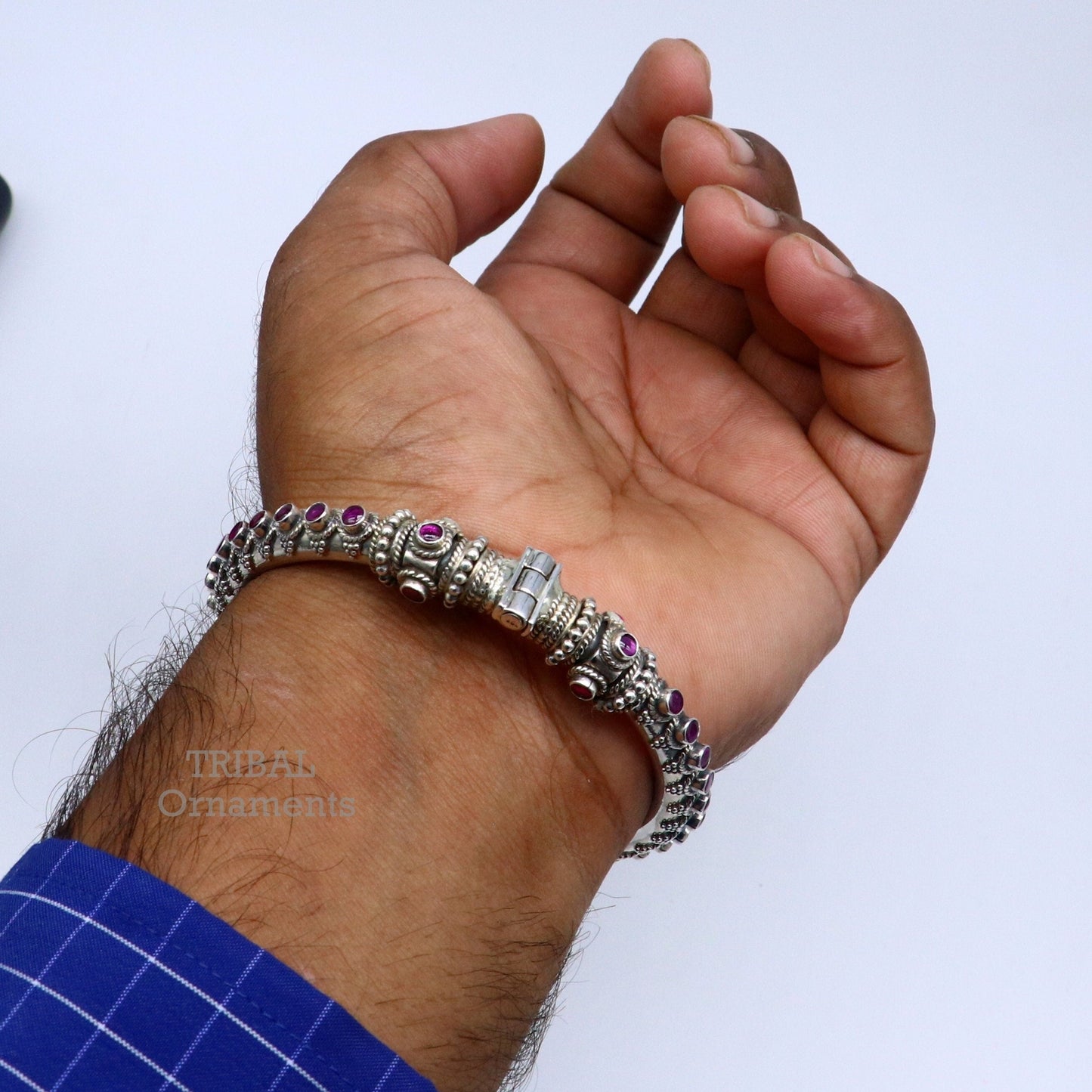 925 Sterling silver handmade vintage peacock design cubic zircon stone tribal ethnic belly dance bangle bracelet gifting kada nsk490 - TRIBAL ORNAMENTS