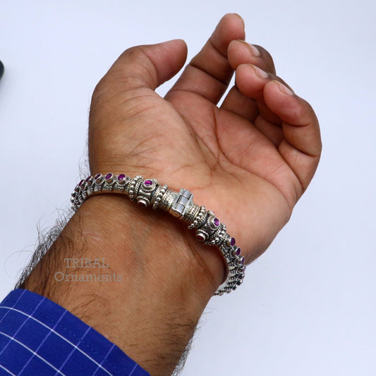 925 Sterling silver handmade vintage peacock design cubic zircon stone tribal ethnic belly dance bangle bracelet gifting kada nsk490 - TRIBAL ORNAMENTS