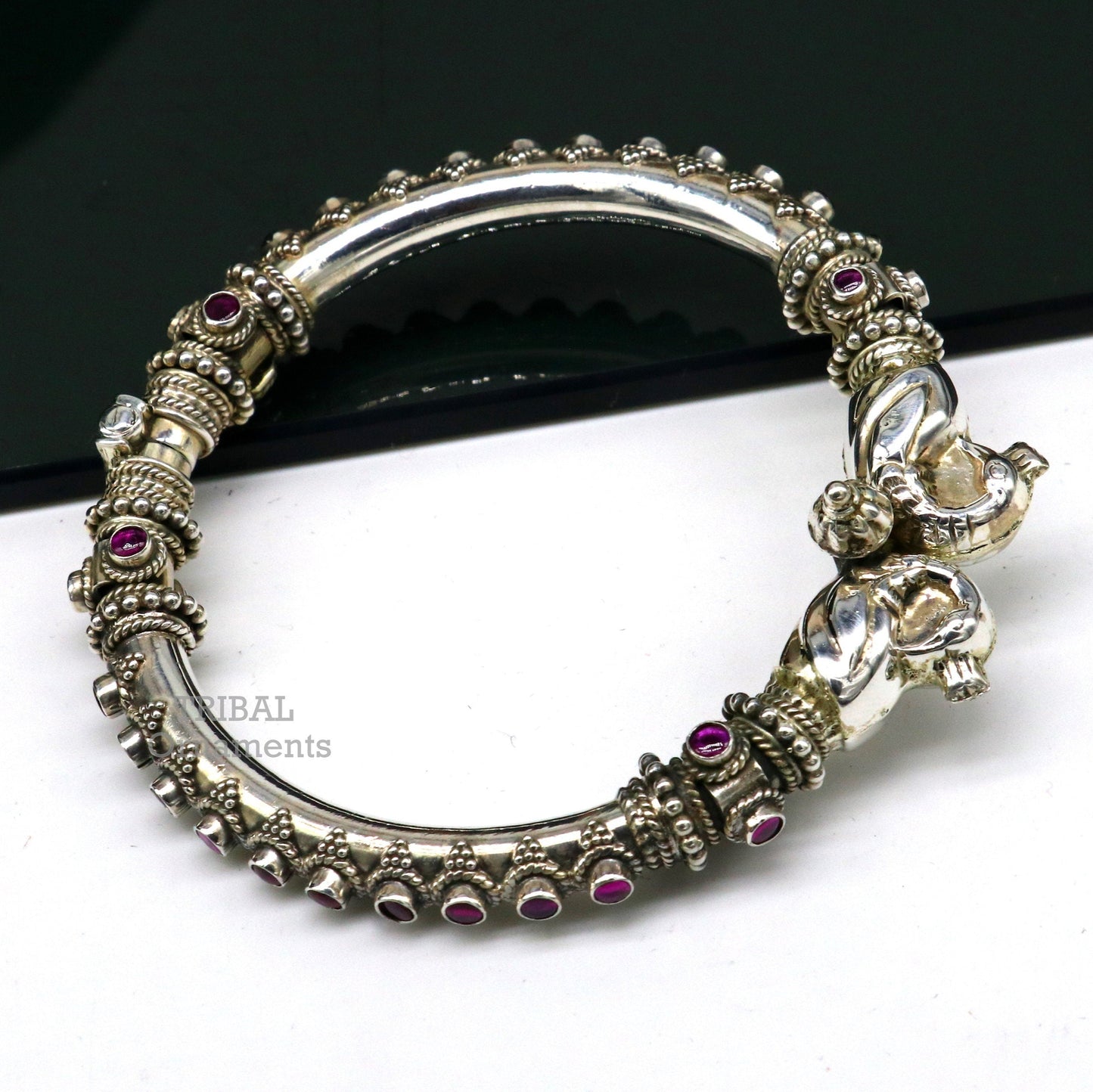 925 Sterling silver handmade vintage peacock design cubic zircon stone tribal ethnic belly dance bangle bracelet gifting kada nsk490 - TRIBAL ORNAMENTS