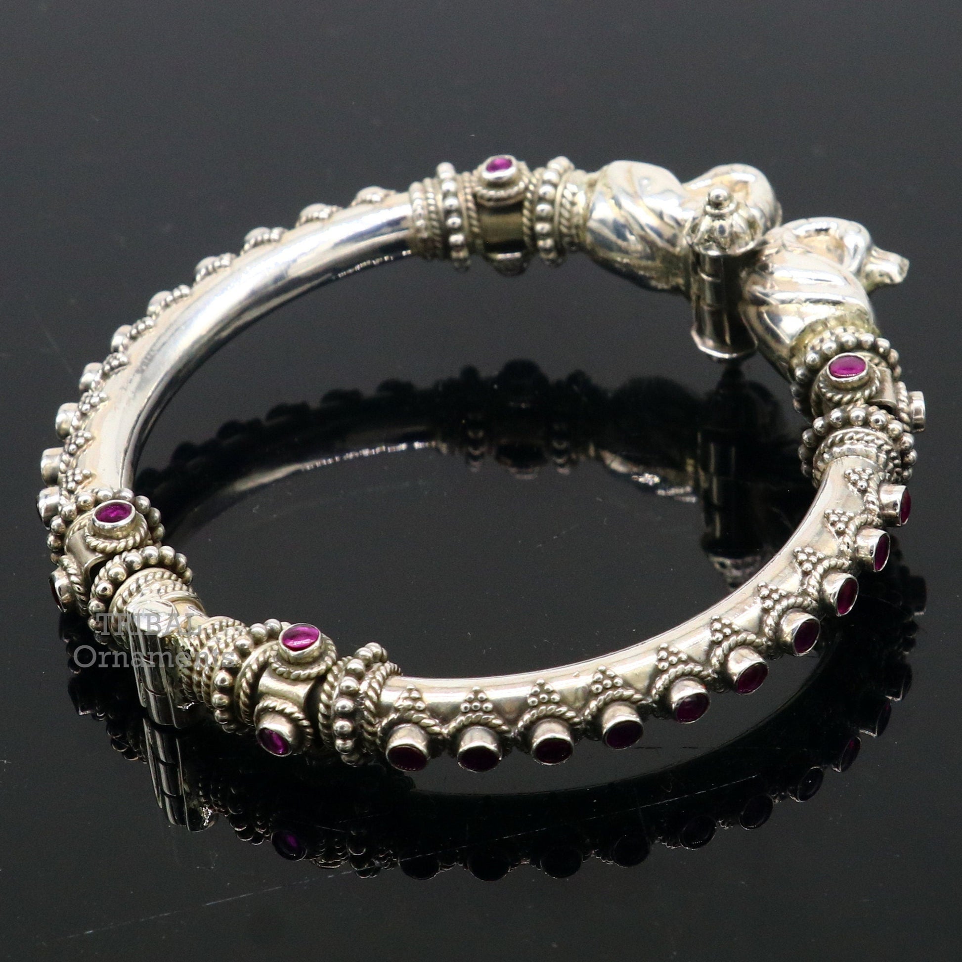 925 Sterling silver handmade vintage peacock design cubic zircon stone tribal ethnic belly dance bangle bracelet gifting kada nsk490 - TRIBAL ORNAMENTS