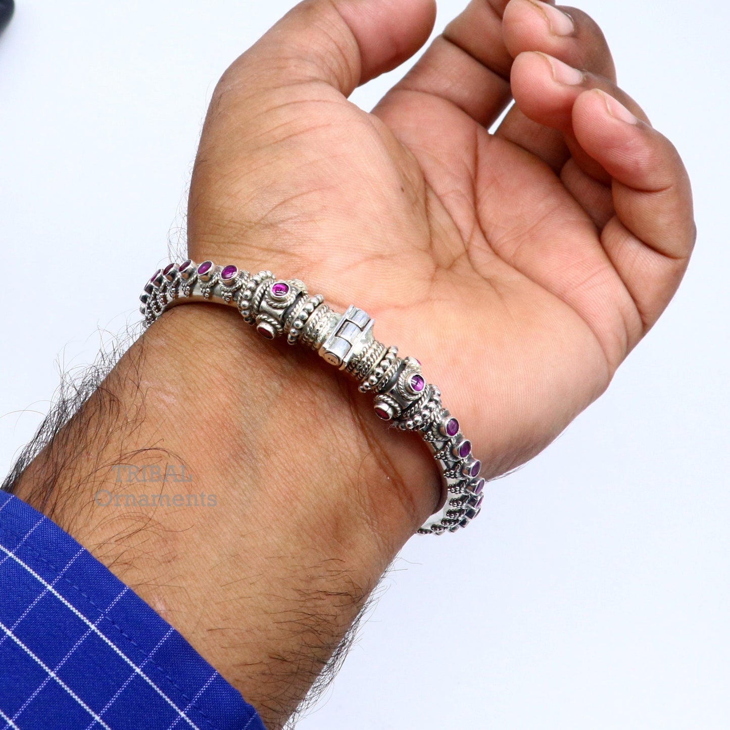 925 Sterling silver handmade vintage peacock design cubic zircon stone tribal ethnic belly dance bangle bracelet gifting kada nsk490 - TRIBAL ORNAMENTS