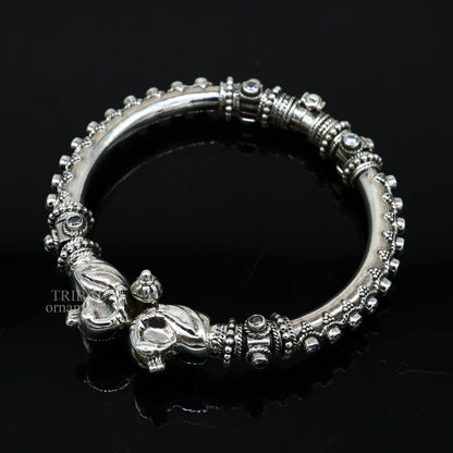Sterling silver tribal belly dance bangle with vintage peacock design and cubic zircon stones, handcrafted ethnic jewelry from Tribal Ornaments