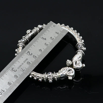 Sterling silver vintage peacock design tribal belly dance bangle bracelet with cubic zircon stones, handcrafted tribal ornament jewelry.