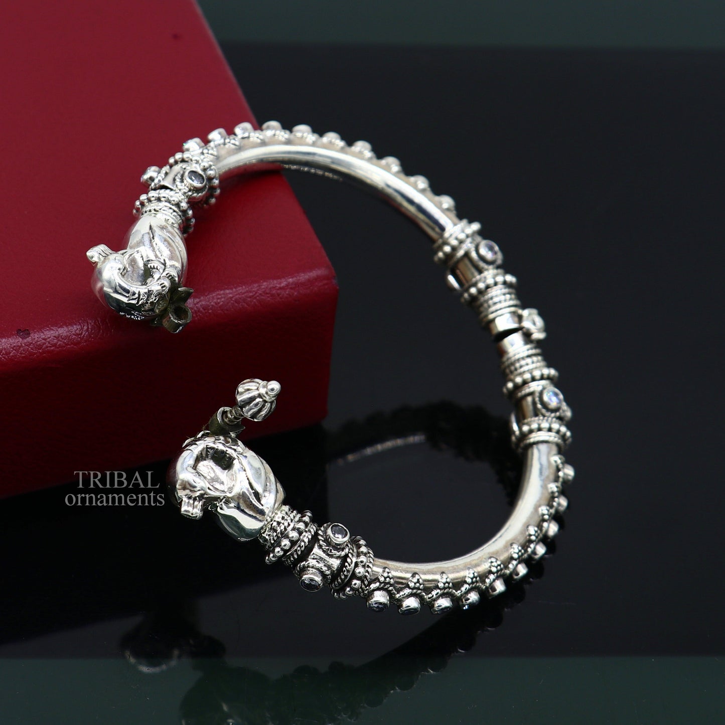 925 Sterling silver handmade vintage peacock design cubic zircon stone tribal ethnic belly dance bangle bracelet gifting kada Rnsk480 - TRIBAL ORNAMENTS
