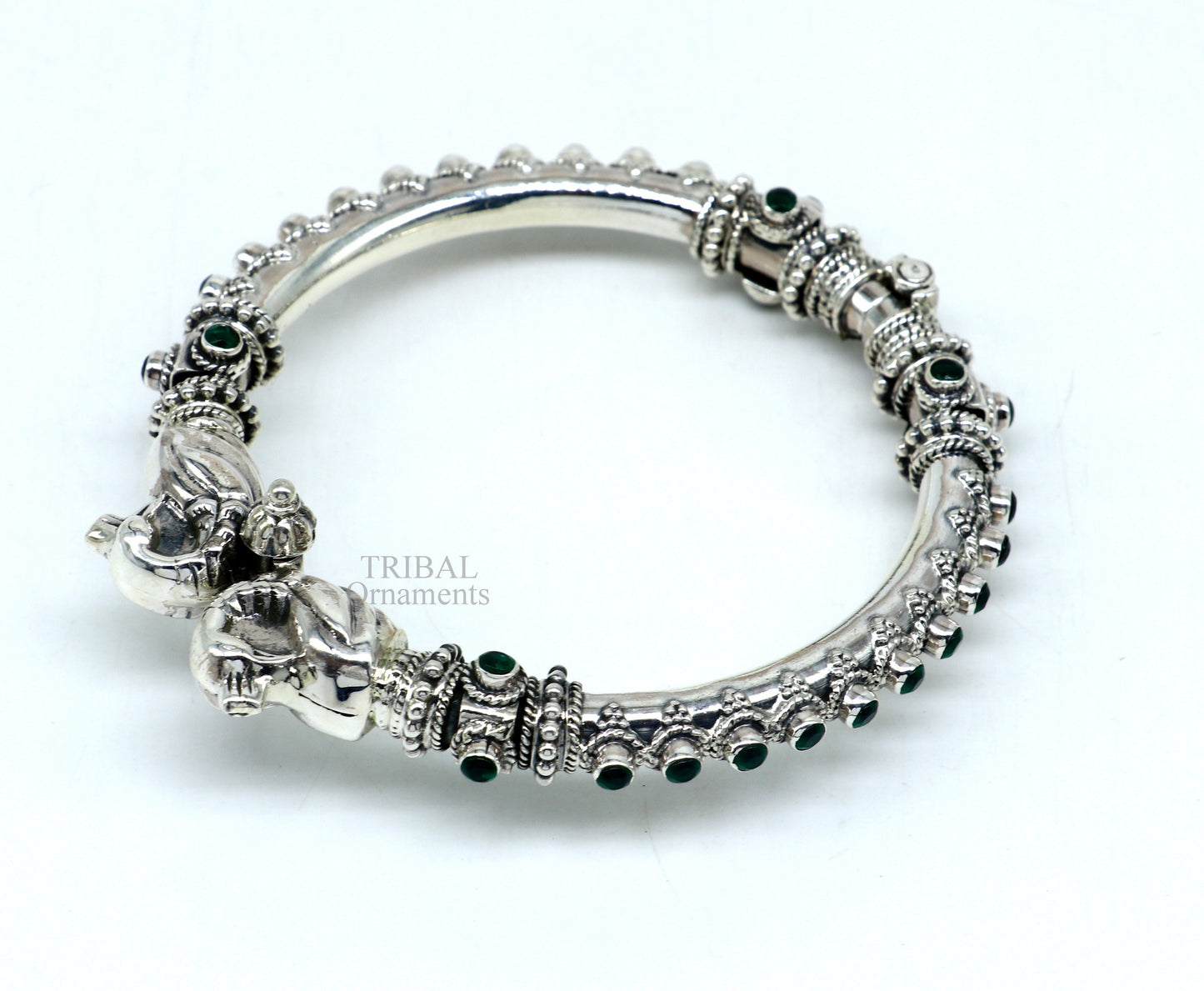 925 Sterling silver handmade vintage peacock design cubic zircon stone tribal ethnic belly dance bangle bracelet gifting kada Rnsk482 - TRIBAL ORNAMENTS