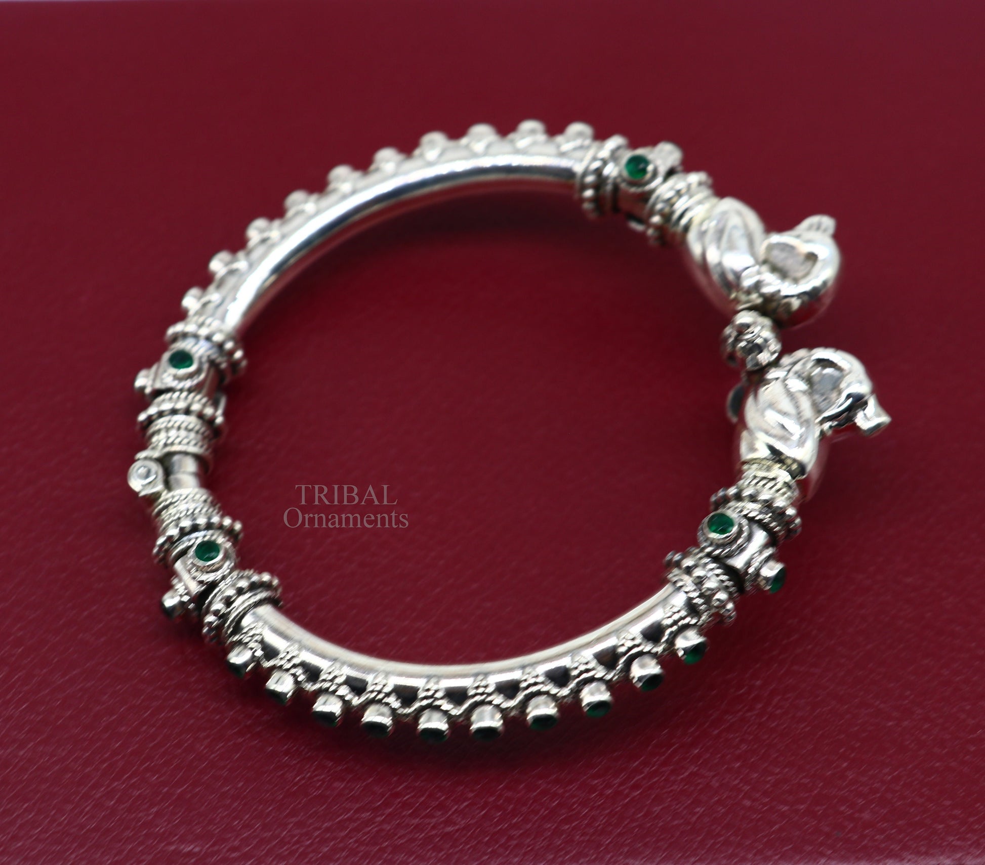 925 Sterling silver handmade vintage peacock design cubic zircon stone tribal ethnic belly dance bangle bracelet gifting kada Rnsk482 - TRIBAL ORNAMENTS