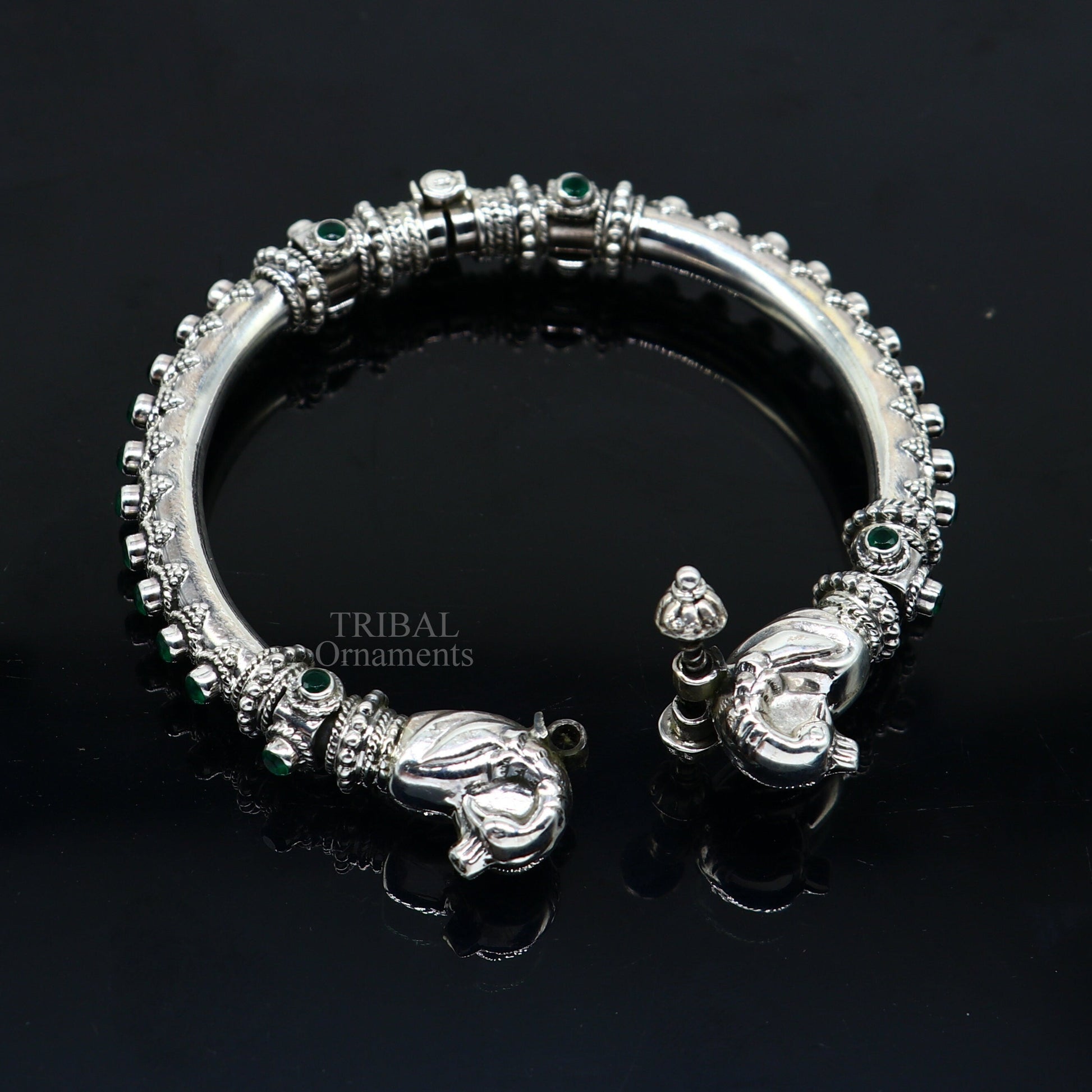925 Sterling silver handmade vintage peacock design cubic zircon stone tribal ethnic belly dance bangle bracelet gifting kada Rnsk482 - TRIBAL ORNAMENTS