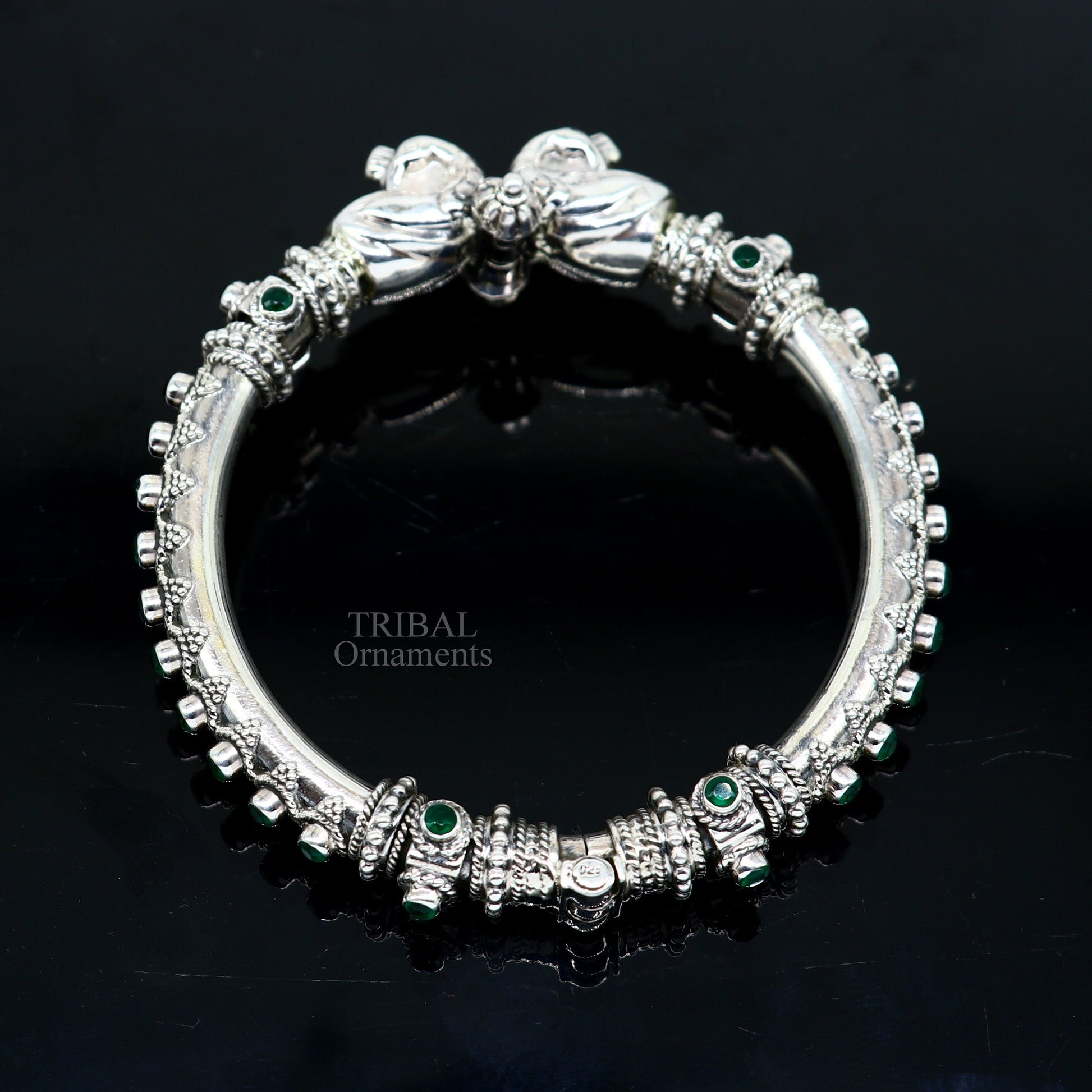 925 Sterling silver handmade vintage peacock design cubic zircon stone tribal ethnic belly dance bangle bracelet gifting kada Rnsk482 - TRIBAL ORNAMENTS