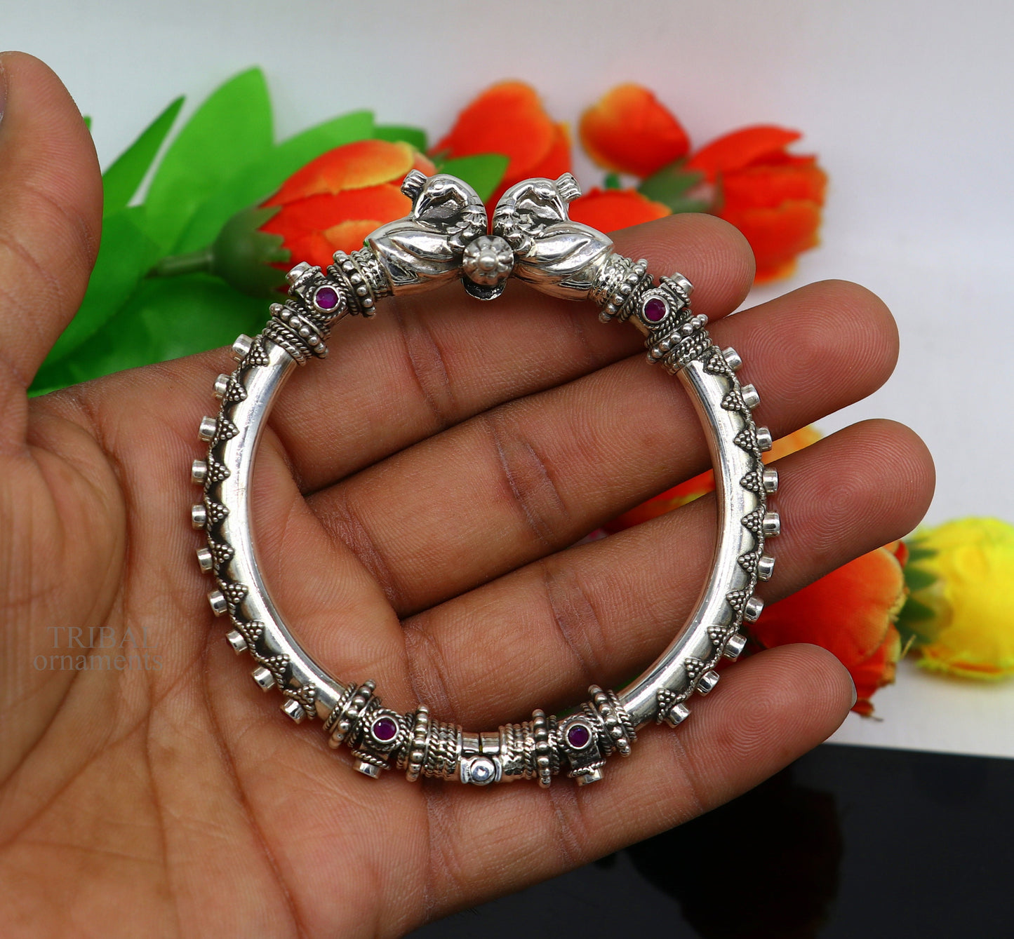 Sterling silver vintage peacock design tribal belly dance bangle with garnet stones, handcrafted tribal ethnic jewelry bracelet.