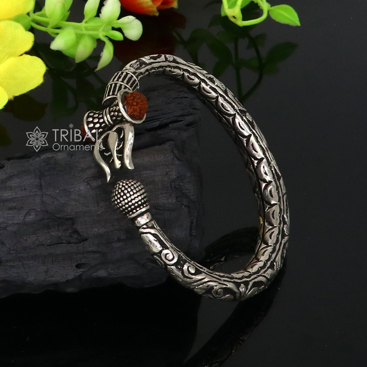 925 Sterling silver handmade Vintage style chitai work Lord Shiva trident trishul kada bangle bracelet with Rudraksha customized kada nsk762 - TRIBAL ORNAMENTS
