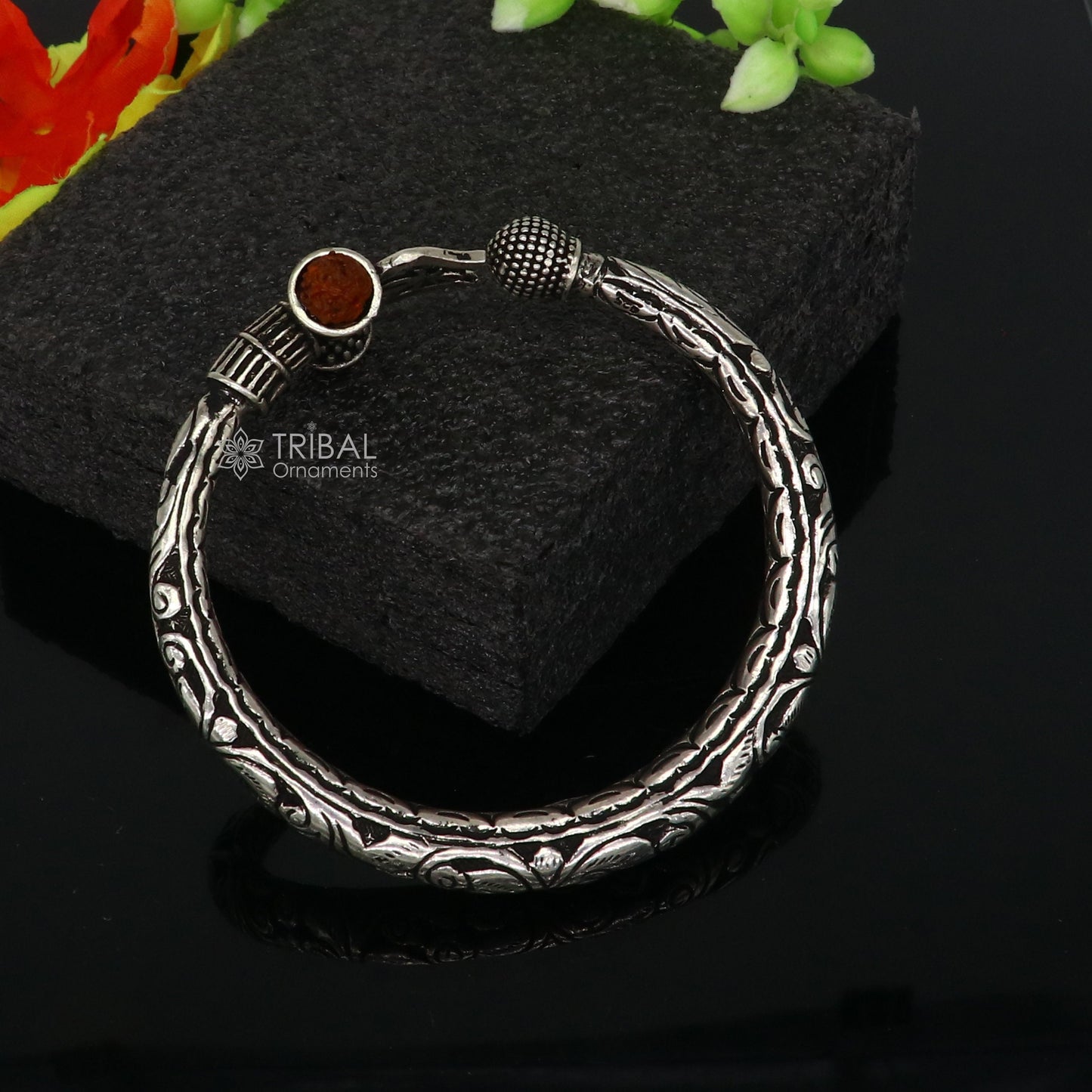 925 Sterling silver handmade Vintage style chitai work Lord Shiva trident trishul kada bangle bracelet with Rudraksha customized kada nsk762 - TRIBAL ORNAMENTS