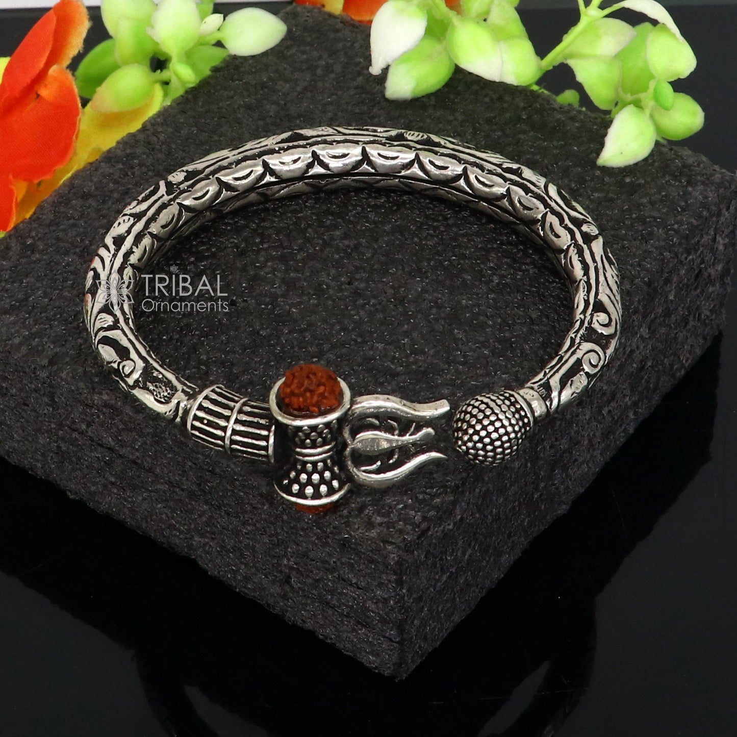 925 Sterling silver handmade Vintage style chitai work Lord Shiva trident trishul kada bangle bracelet with Rudraksha customized kada nsk762 - TRIBAL ORNAMENTS