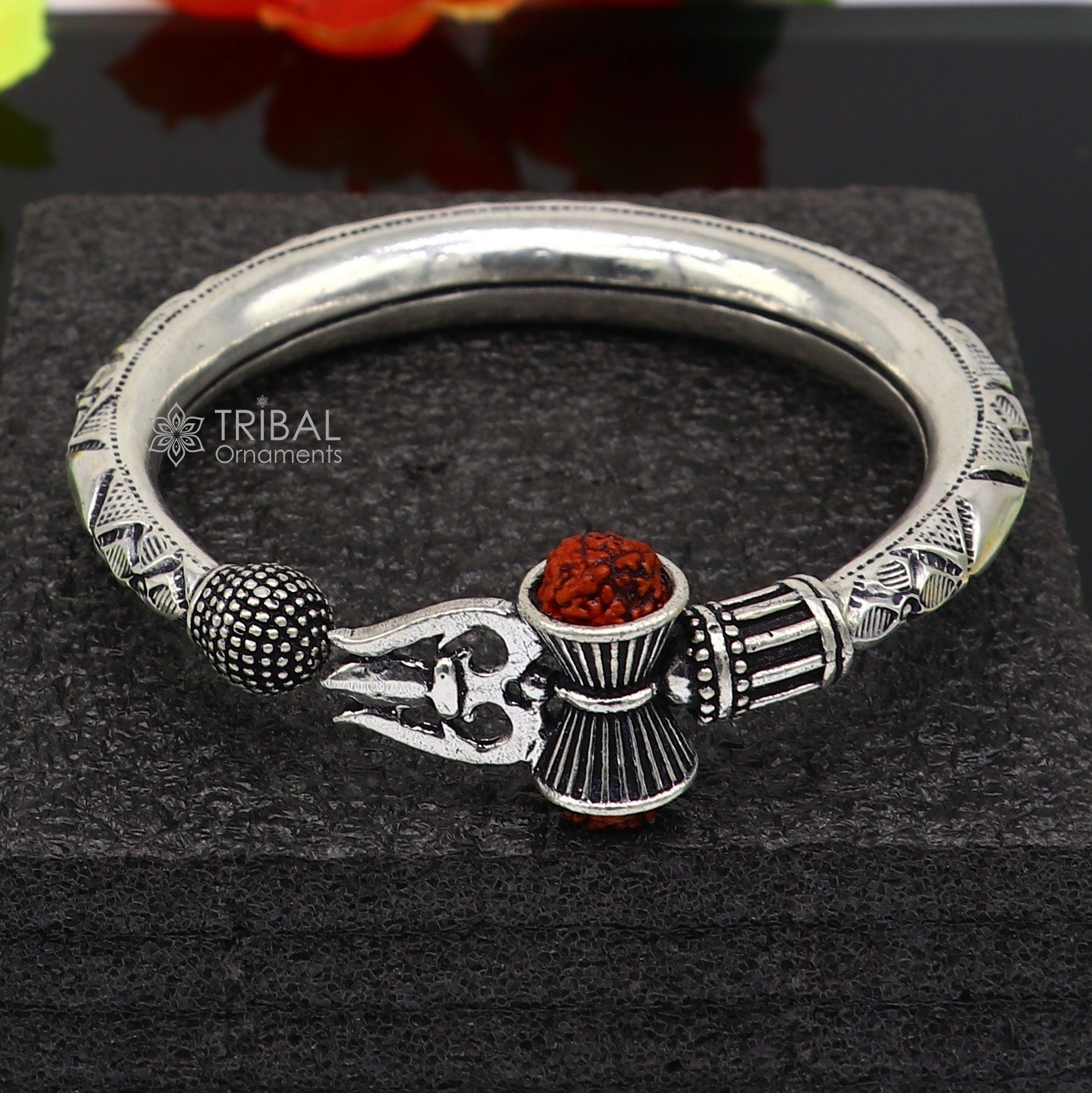 925 Sterling silver handmade Vintage style unique work Lord Shiva trident trishul kada bangle bracelet with Rudraksha customized kada nsk768 - TRIBAL ORNAMENTS