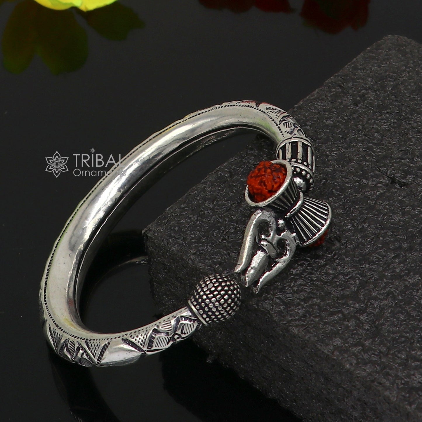 925 Sterling silver handmade Vintage style unique work Lord Shiva trident trishul kada bangle bracelet with Rudraksha customized kada nsk768 - TRIBAL ORNAMENTS