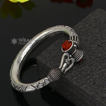 925 Sterling silver handmade Vintage style unique work Lord Shiva trident trishul kada bangle bracelet with Rudraksha customized kada nsk768 - TRIBAL ORNAMENTS