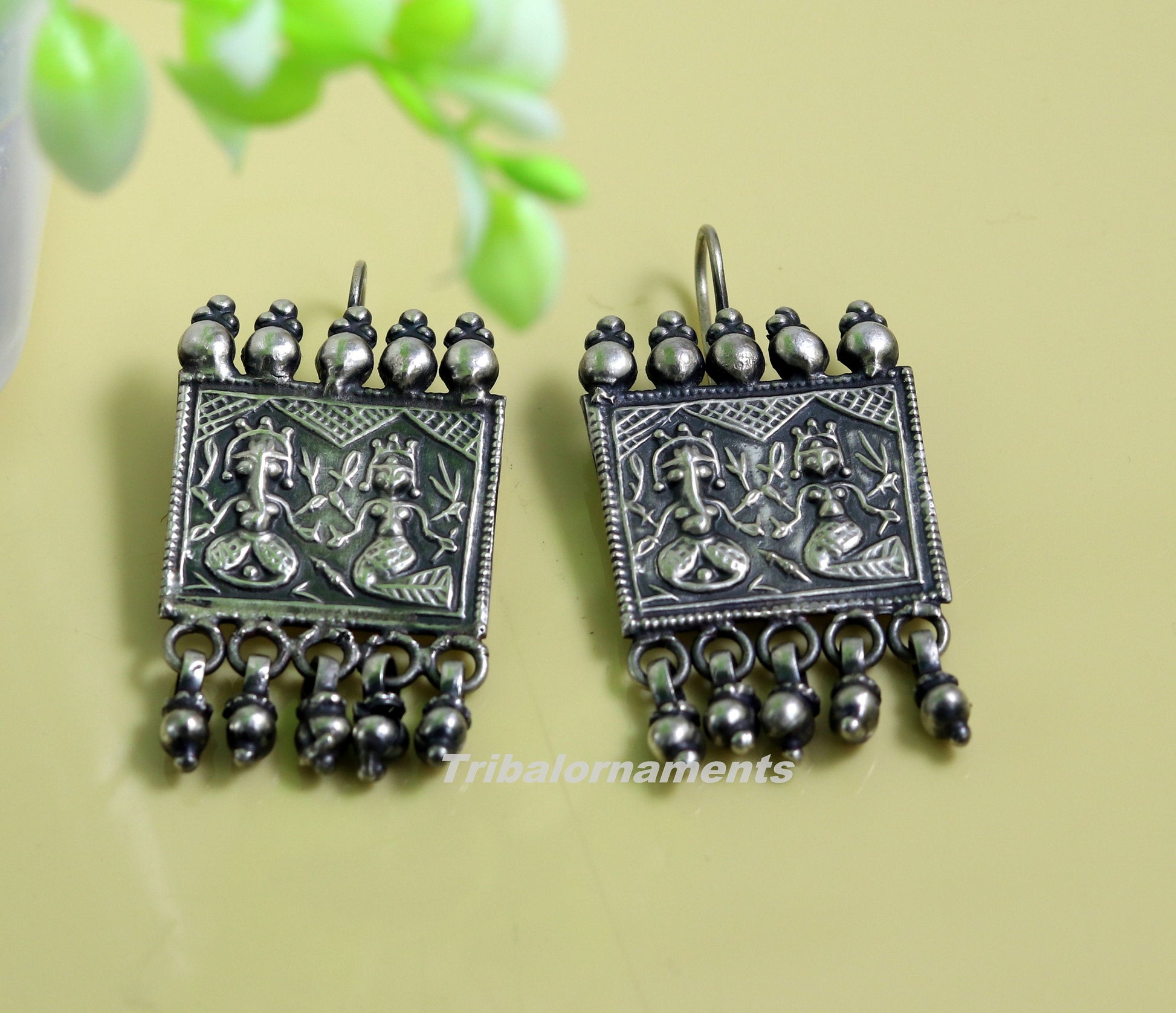 925 sterling silver handmade vintage tribal deity design excellent customized hoops earring with gorgeous hanging drops tribal earrings s829 - TRIBAL ORNAMENTS