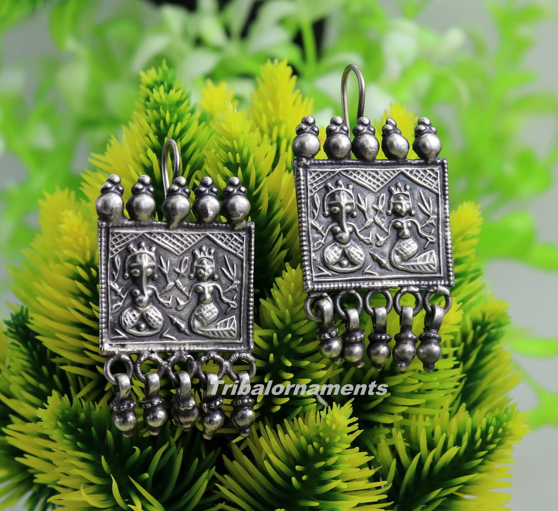 925 sterling silver handmade vintage tribal deity design excellent customized hoops earring with gorgeous hanging drops tribal earrings s829 - TRIBAL ORNAMENTS