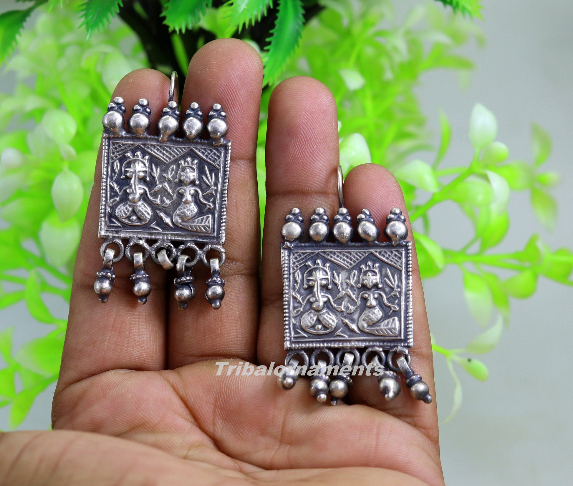 925 sterling silver handmade vintage tribal deity design excellent customized hoops earring with gorgeous hanging drops tribal earrings s829 - TRIBAL ORNAMENTS